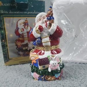 Traditions Porcelain Hinged Keepsake Decorative Box Christmas Santa Claus Bear
